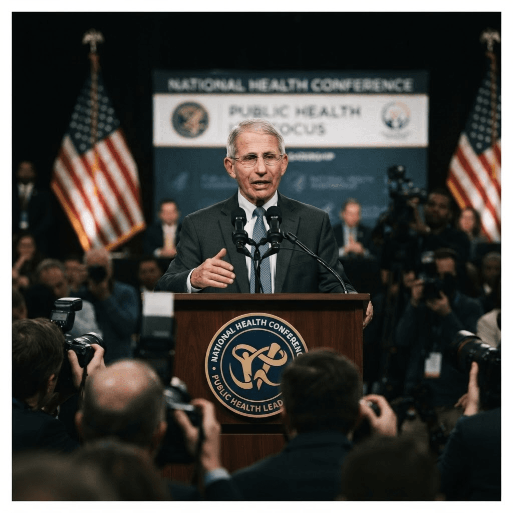 A government health official delivering a keynote speech at a conference podium
