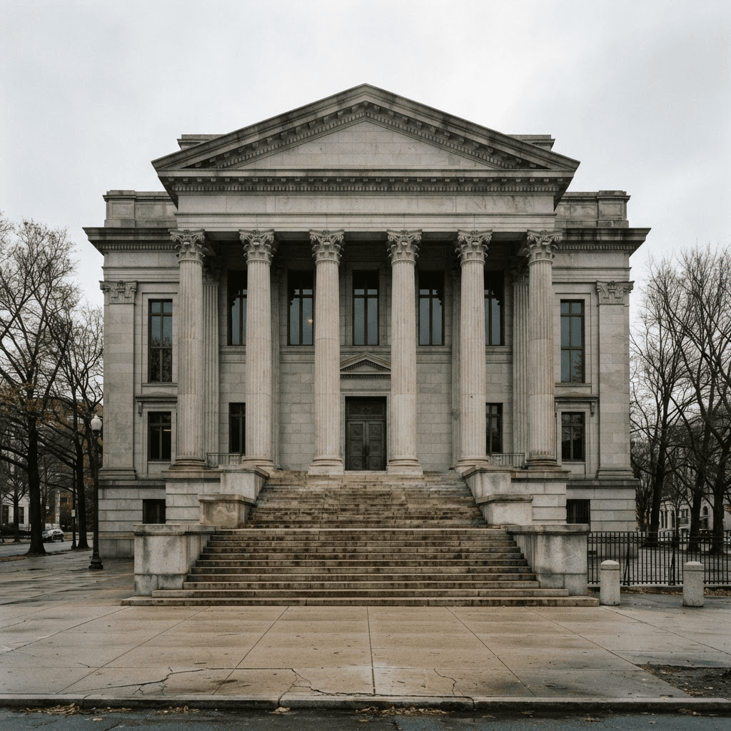 A federal courthouse with classical columns in daylight