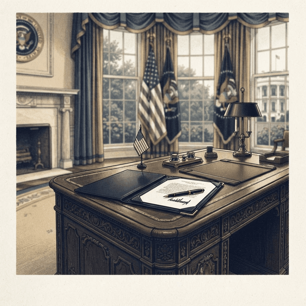 A presidential desk with a signed document and a fountain pen