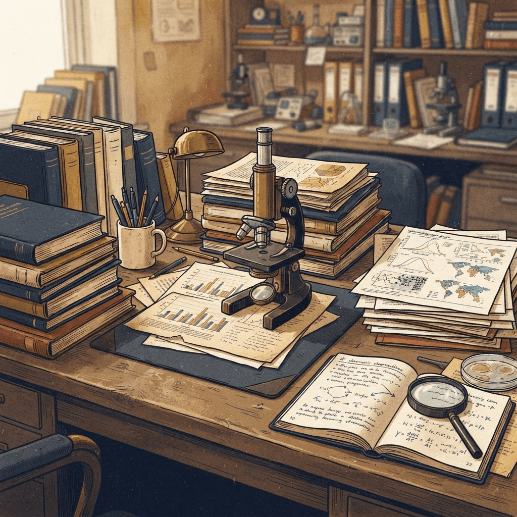 An epidemiologist's desk with stacks of bound journal papers, a microscope, and data charts