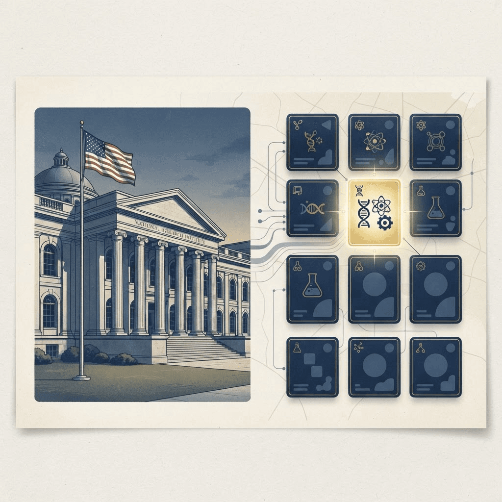 A federal research institute building beside a grid of research-project tiles