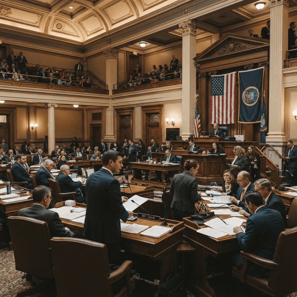 A state capitol legislative chamber during a floor session